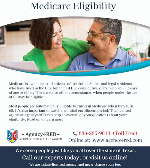 The first page of a flyer developed by the MedicareStore explaining Medicare eligibility, particularly for older people and people with disabilities in Texas.